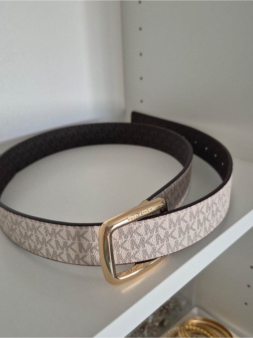 Michael Kors Beige/Brown Monogram Belt with Gold Buckle